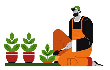 Gardener and plants in pots, man planting potted flowersのイラスト素材