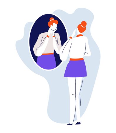 Girl looking in mirror on wall, smarten up, isolated characterのイラスト素材