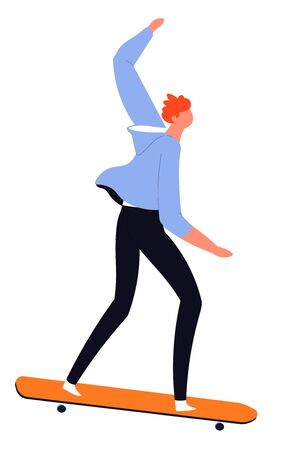 Man in casual clothes practicing trick and balancing on skateboard vectorのイラスト素材