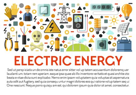 Electric energy, electricity power generation, solar batteries banner vector. Electrician tools, voltmeter and pliers, screwdriver and socket, switch and charger. Light bulb and gloves, eco windmillsのイラスト素材