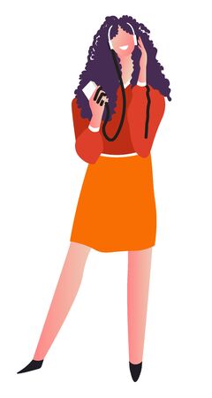 Woman listening to music in headphones holding player or smartphoneのイラスト素材