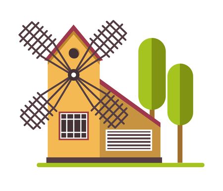 Windmill rural agicultural structure near trees at farm landのイラスト素材