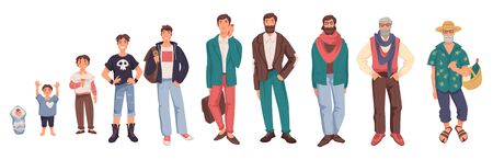 Man in different ages isolated characters vector. Baby and toddler, kid or child, teenager and young guy, adult and elderly person, life cycle. Generation of people and human stages of growing upのイラスト素材