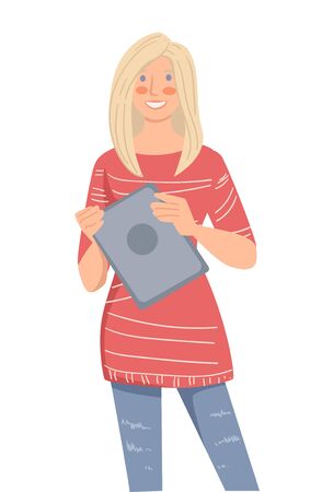 Literature and education, international university student with book vector. Norwegian girl holding textbook, multicultural college. Female character in casual clothes, studying and learningのイラスト素材