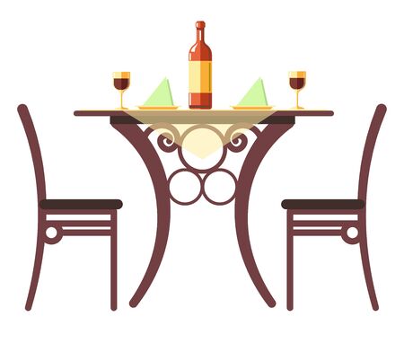 Chairs or stools and round table, wine bottle and glasses, cafe furniture isolated icon vector. Napkins and drink, served grape beverage. Restaurant interior elements, order for two with platesのイラスト素材