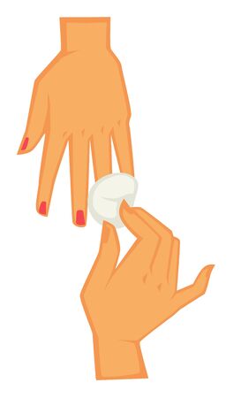 Professional care for fingernails and manicure, isolated hand of specialist removing nail gel using cotton swab. Manicuring using cleanser. Spa or beauty salon procedure, vector in flat styleのイラスト素材
