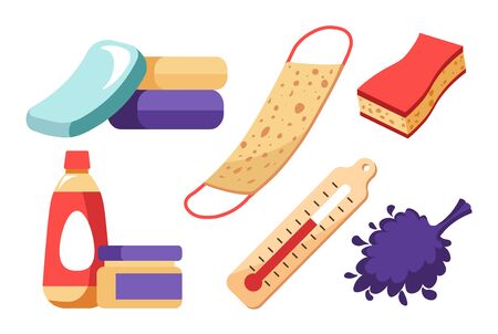 Collection of things for bathhouse or sauna procedures. Set of sponges for washing, loofah and soap for bathing. Shampoo and shower gel, birch bath broom isolated icons, vector in flat styleのイラスト素材