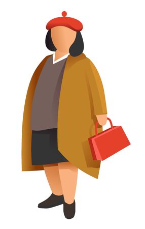 Female character clothing, overweight model presenting autumn clothes and accessories. Lady wearing hat and coat, carrying handbag. Woman spending time outside, person isolated vector in flatのイラスト素材