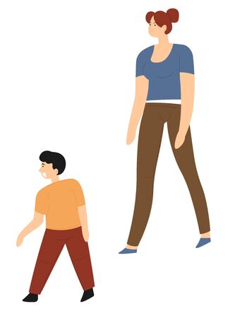 Mom and son spending time together, mommy and kiddo playing outdoors. Isolated male and female characters, family members on weekends. Happy mother and preschooler, child vector in flat styleのイラスト素材