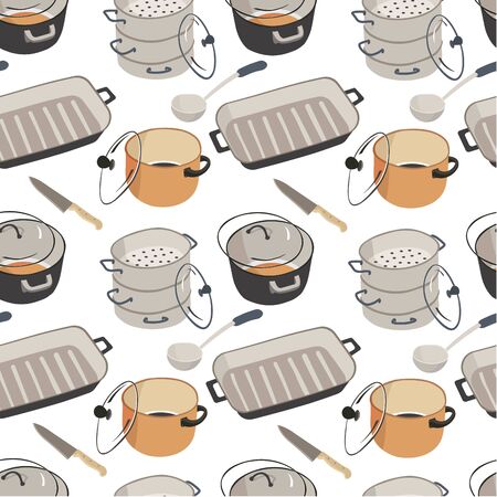 Kitchenware saucepans with lids, frying pan seamless patternのイラスト素材