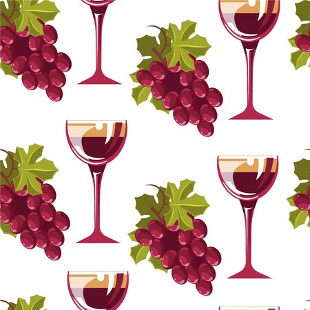 Wine in wineglass, branches of grapes seamless patternのイラスト素材