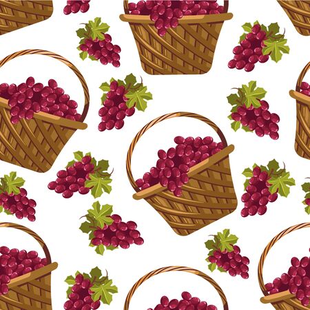 Grapes bunches in woven baskets, fruits seamless patternのイラスト素材