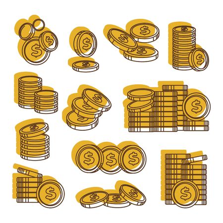 Golden coins, US dollar currency set of money pilesのイラスト素材