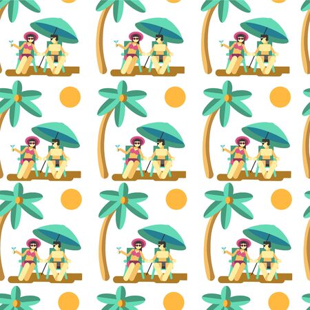 Couple relaxing by seaside, people under umbrella seamless patternのイラスト素材
