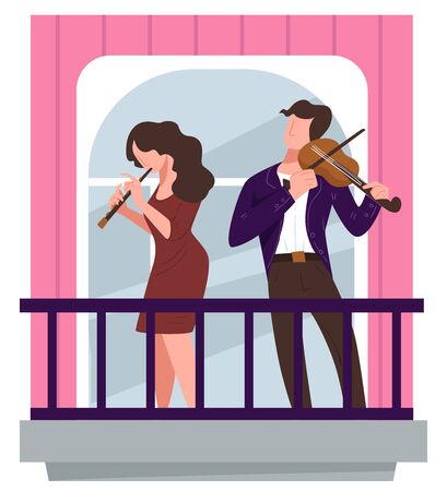 People playing violins on balcony, man and woman giving performance at home. Duo of musicians on quarantine. Self isolation activities at home, live concert for neighborhood. Vector in flat styleのイラスト素材