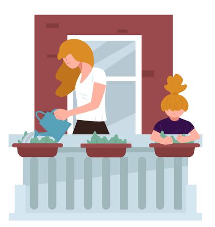 Mom and daughter at balcony watering flowers, quarantine activitiesのイラスト素材