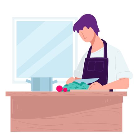 Male character cutting vegetables for salad, home cooking and meal preparation. Man in apron making dish for family. Organic ingredients for dieting, eco healthy nutrition. Vector in flat styleのイラスト素材