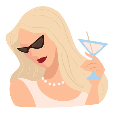 Elegant female character drinking cocktail, fashionable woman vectorのイラスト素材