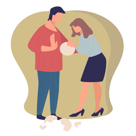 Quarreling couple, wife and husband breaking dishes vectorのイラスト素材