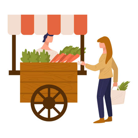 Woman buying fresh carrots at farm market vectorのイラスト素材