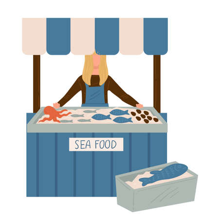 Sea food market, seller with production on stallのイラスト素材
