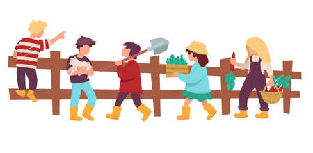 Children in rural area, kids helping at farmのイラスト素材