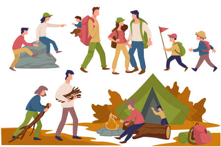 Camping people, children and parents spending time togetherのイラスト素材