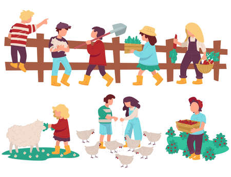 Children helping at farm, kids with animals and plantsのイラスト素材