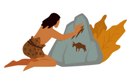 Caveman painting bison on rock with paints vectorのイラスト素材