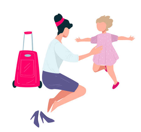 Woman returned home from trip hugging kid vectorのイラスト素材