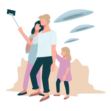 People taking selfie with flying saucers and ufo