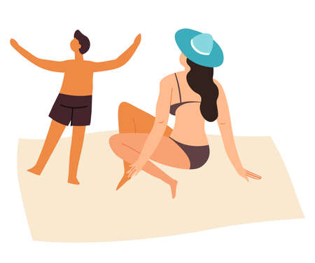 Mom and son spending holidays or weekends by seasideのイラスト素材