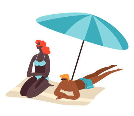 Couple relaxing by seaside sitting in shade of umbrellaのイラスト素材