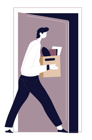 Dismissed male character walking away with box of stuffのイラスト素材