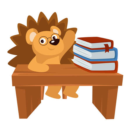 Hedgehog sitting by desk loaded with books in schoolのイラスト素材