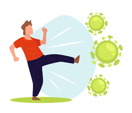 Male character fighting against coronavirus disease molecules vectorのイラスト素材