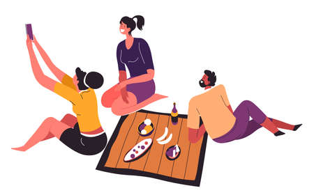 People taking selfie while having picnic outdoors vectorのイラスト素材
