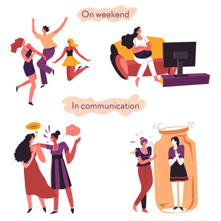 Extrovert and introvert comparison on weekends and in communicationのイラスト素材