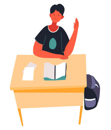 Pupil raising hand sitting by desk, school boyのイラスト素材