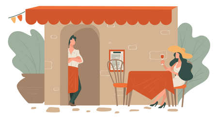 Woman drinking red wine in restaurant sitting on terrasseのイラスト素材