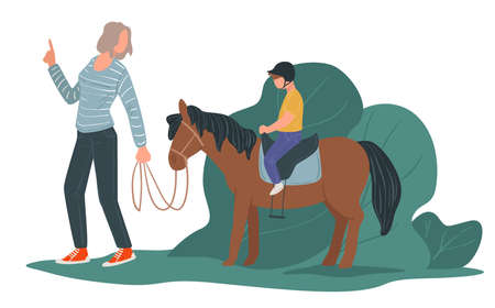 Mom teaching son to ride horse, racing hobbyのイラスト素材