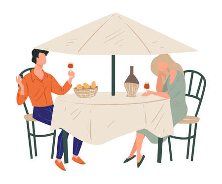 Couple on date drinking wine in restaurant or cafeのイラスト素材