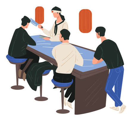 Japanese restaurant serving traditional asian cuisine, chef and clientsのイラスト素材