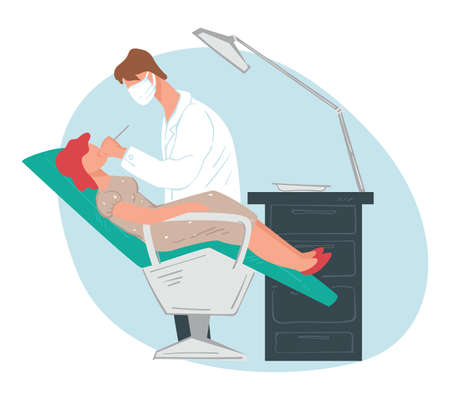 Dentistry clinics procedure, dentist and patient at stomatologyのイラスト素材