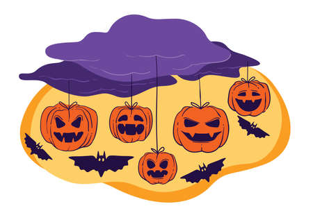 Halloween holiday celebration decor, clouds and pumpkins with batsのイラスト素材