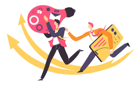 Teamwork of employer and employee, brainstorming and working on taskのイラスト素材