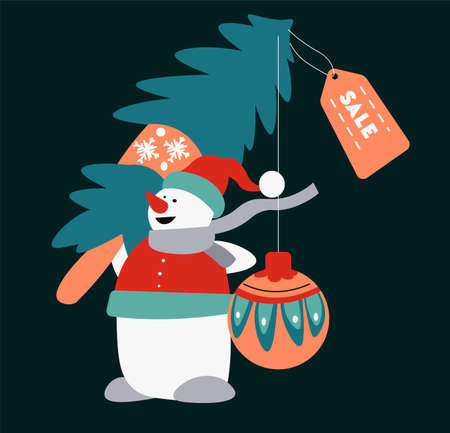 Snowflake wearing santa hat selling pine trees for christmasのイラスト素材