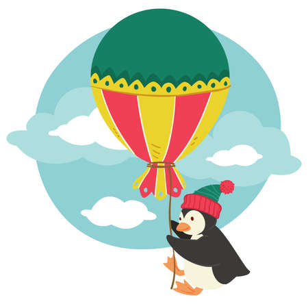 Penguin wearing kitted hat holding big balloonのイラスト素材