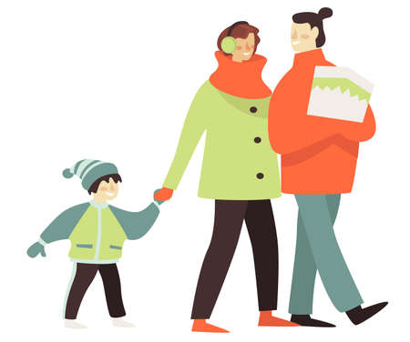 Mom and dad with child walking in winterのイラスト素材