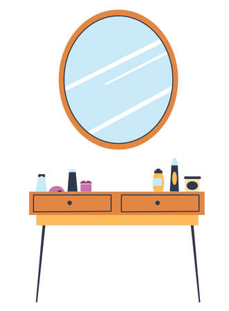 Mirror and table with cosmetic products, bedroom interiorのイラスト素材